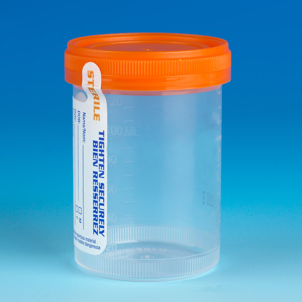 Globe Scientific Container: Tite-Rite, 120mL (4oz), PP, STERILE, Attached Orange Screw Cap, ID Label, Graduated, Individually Wrapped Containers; Leak Resistant; transport
